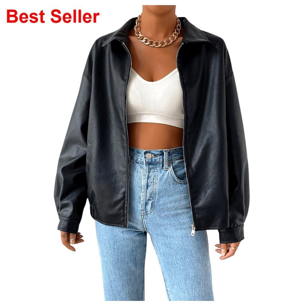 Faux Leather Shacket Zip Up Motorcycle Jacket Biker Coat
